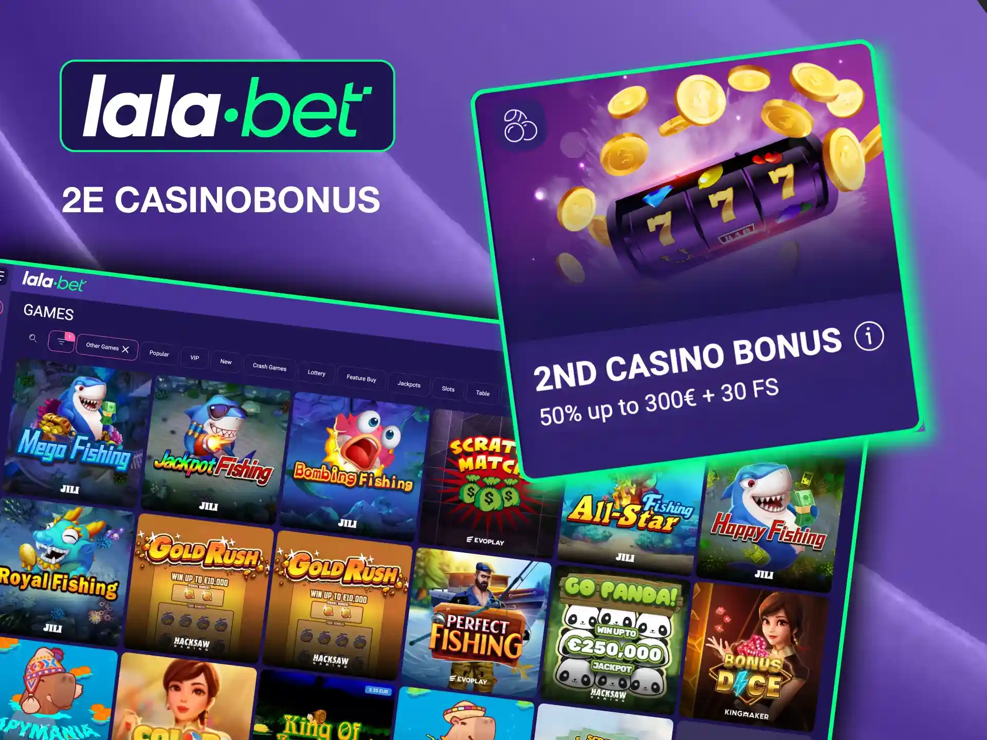 Activeer Lalabet's 2e Casino Bonus met een storting van EUR 25 om te genieten van extra geld en gratis spins voor slots.