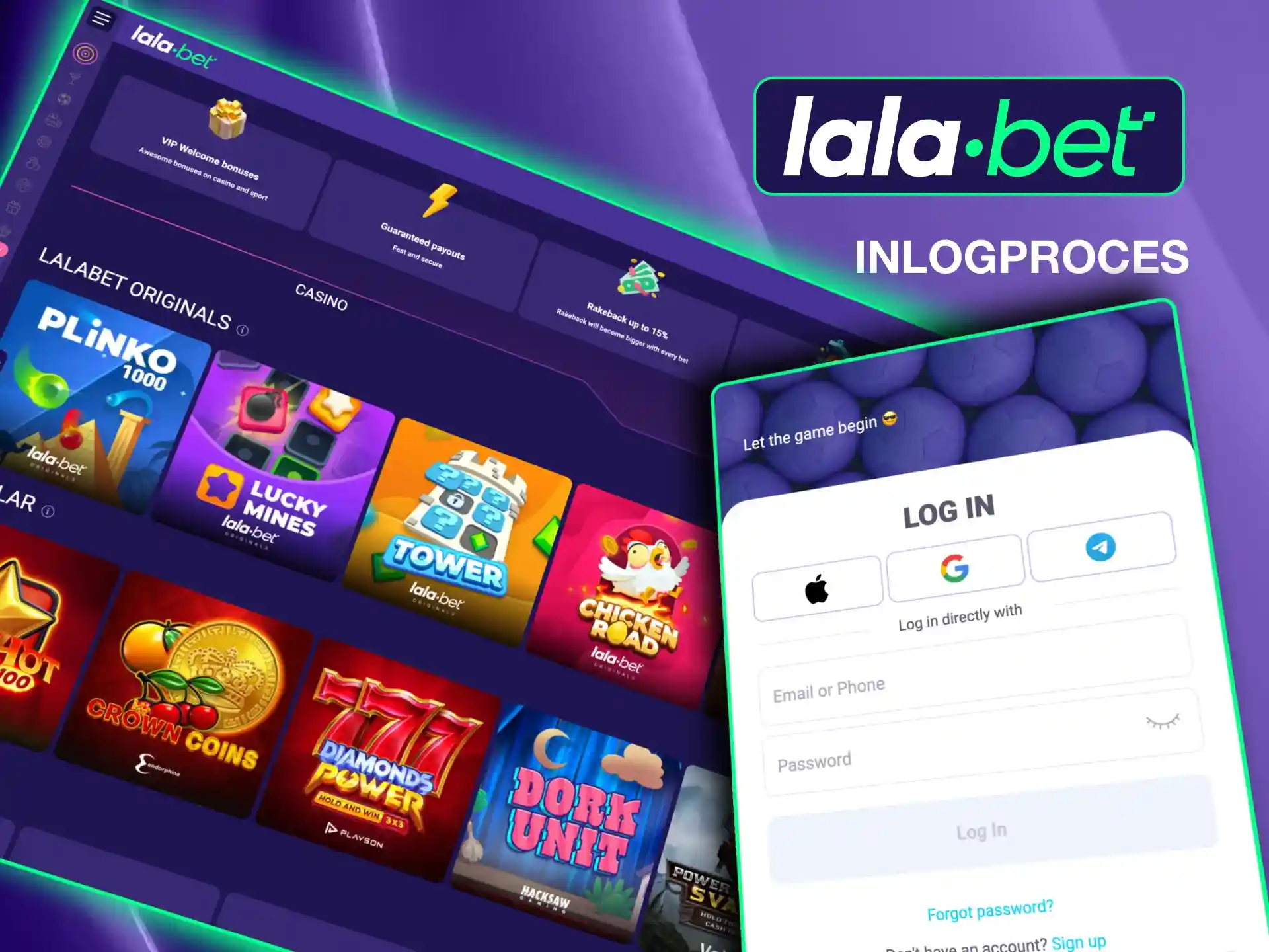 Meld u aan bij uw Lalabet-account door e-mail/telefoon en wachtwoord in te voeren.