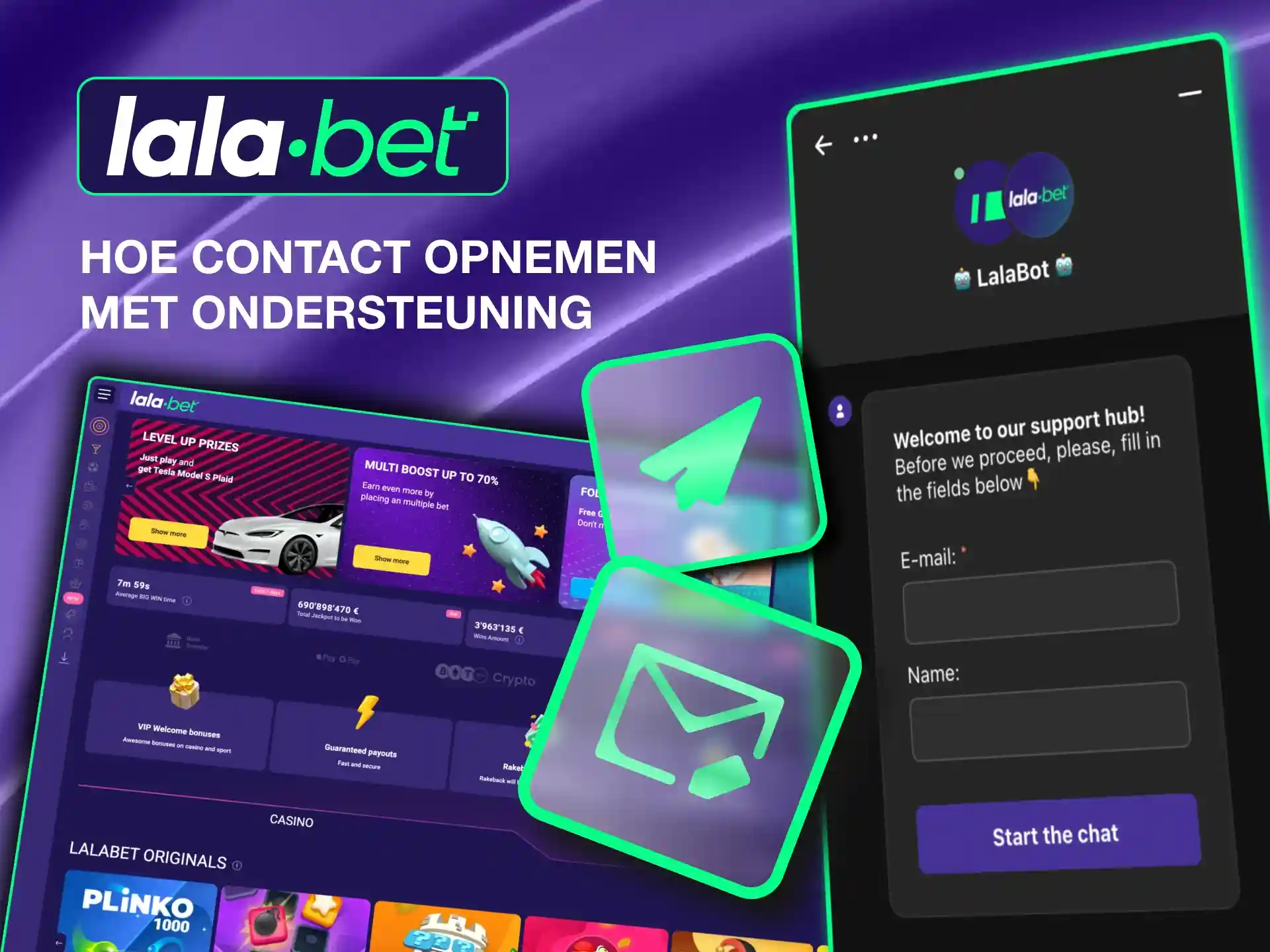 LalaBet Casino offers 24/7 support through email, live chat, and Telegram for quick and reliable help.